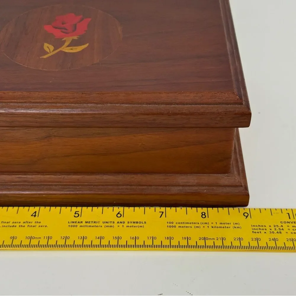 Walnut Rose Inlaid Wooden Trinket Box 9x6